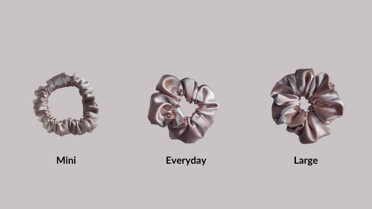 3 different sized rose dust coloured satin hair scrunchie in sizes mini, regular and large